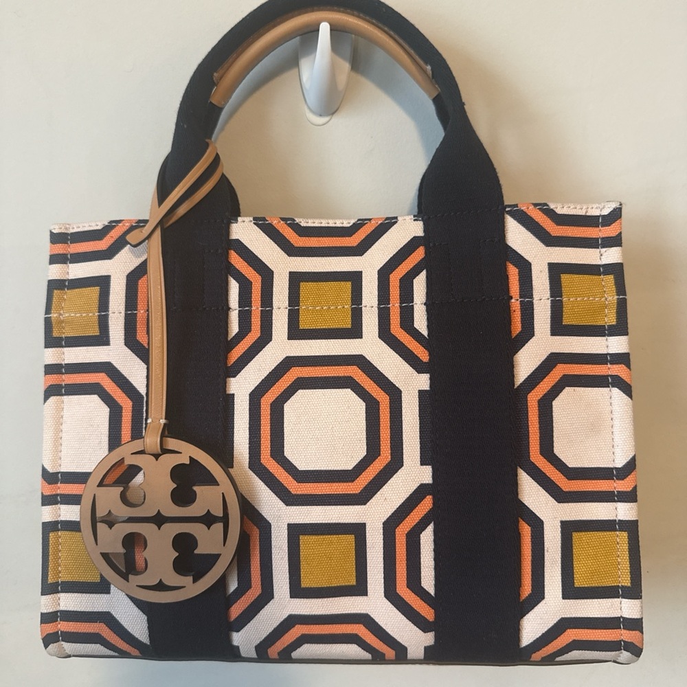 Tory Burch Black and Orange Geometric Tote